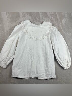 PaperWhite Embroidered Lace Collar White Blouse Button Back Cottagecore Size 10
